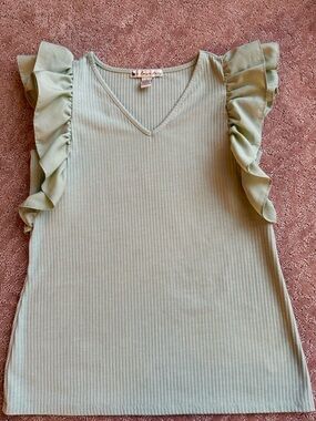 Love Story Sage Double Ruffled Sleeveless V-Neck Top